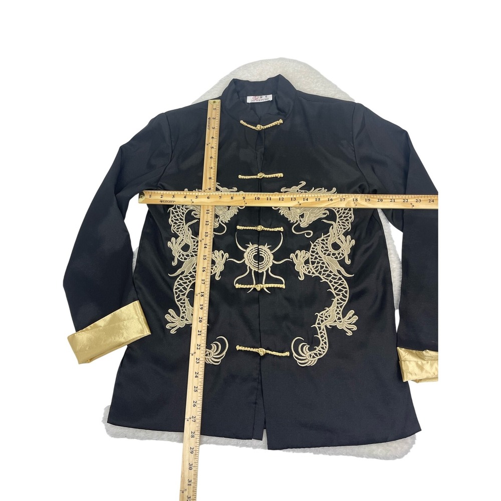 Dragon Embroidered Mandarin Collar Jacket Asian Style Black Gold Trim - Picture 8 of 12